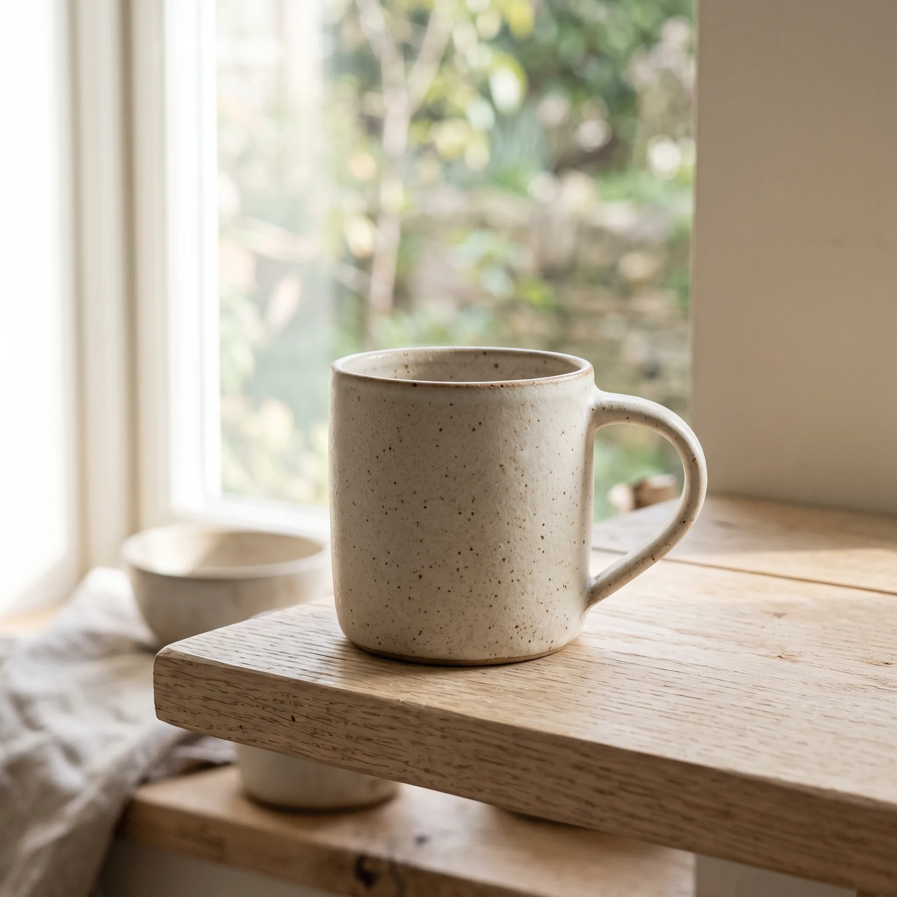 Generated with Gemini 3.1 Flash Image: a matte ceramic mug on a pale oak shelf in morning light