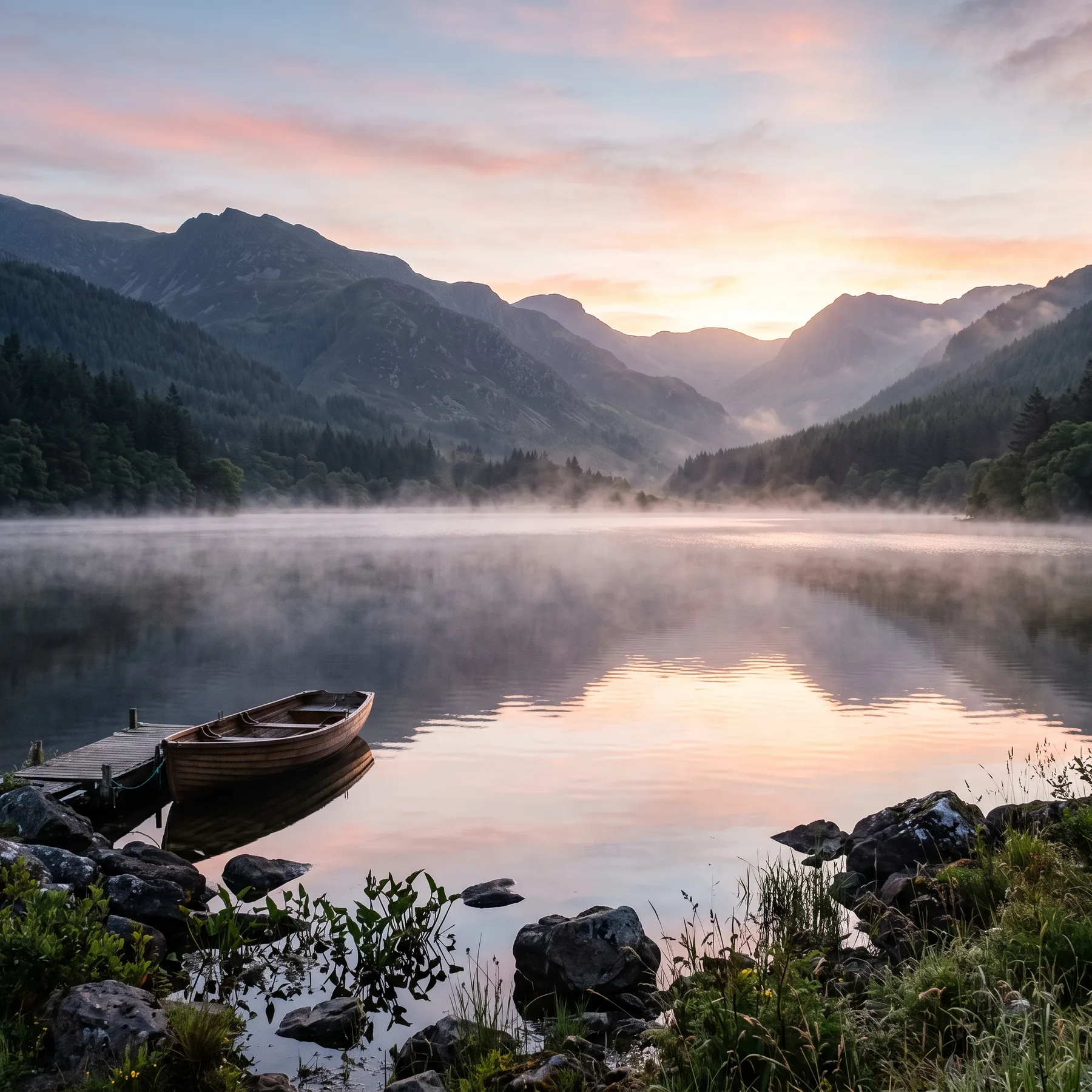 Generated with Gemini 3.1 Flash Image: a misty mountain lake at dawn with a small wooden boat