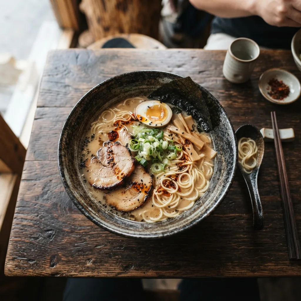 Generated with Gemini 3.1 Flash Lite Image: a bowl of ramen from above on a dark wooden table