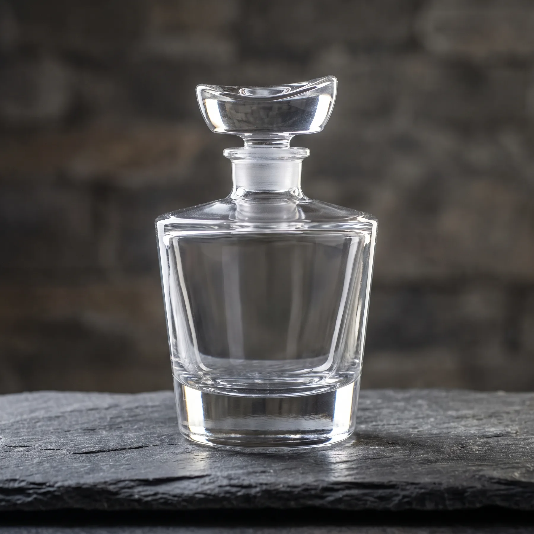 Generated with Gemini 3 Pro Image: an unlabeled glass bottle on dark slate in soft light