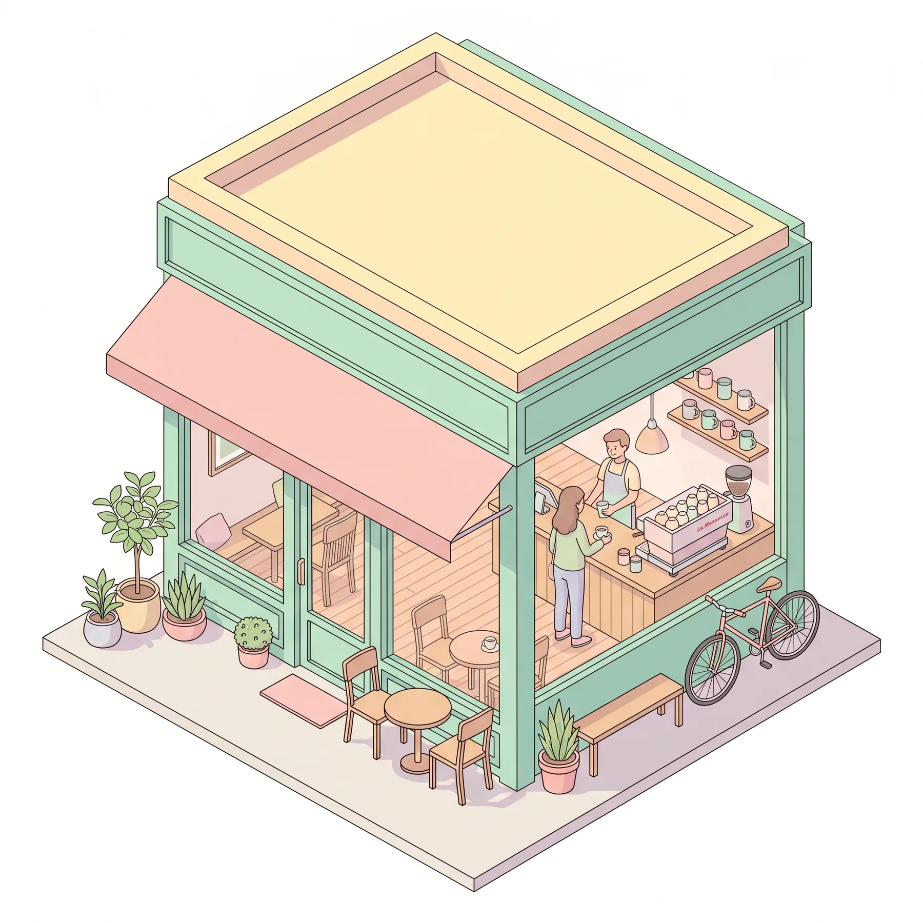 Generated with Gemini 3 Pro Image: an isometric illustration of a small coffee shop