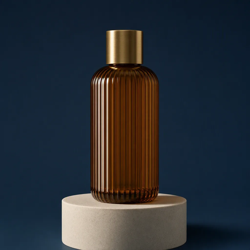 Generated with gpt-image-2: an unlabelled amber glass bottle on a sand pedestal