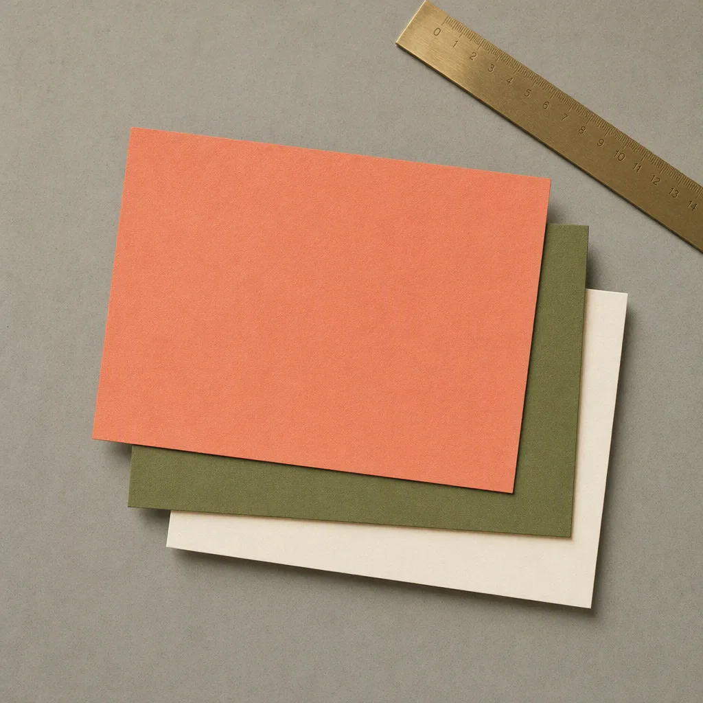 Generated with gpt-image-2: coral, olive and cream paper cards with a brass ruler