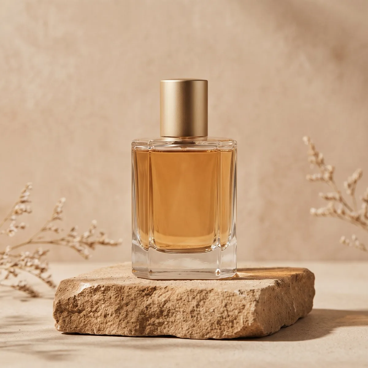 Generated with Nano Banana 2.1: an unlabelled glass perfume bottle on a sandstone block