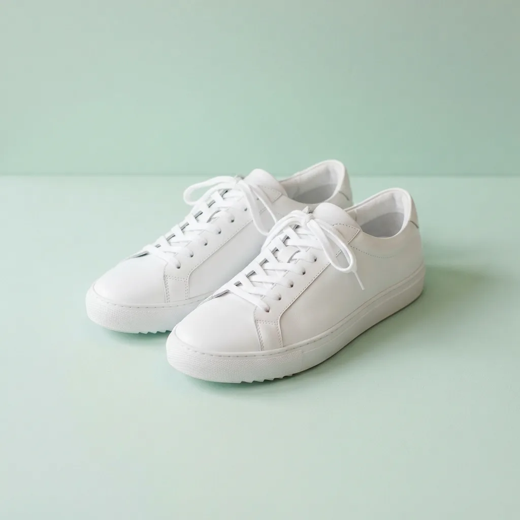 Generated with Nano Banana 2 Lite: white sneakers without logos on a pale mint background