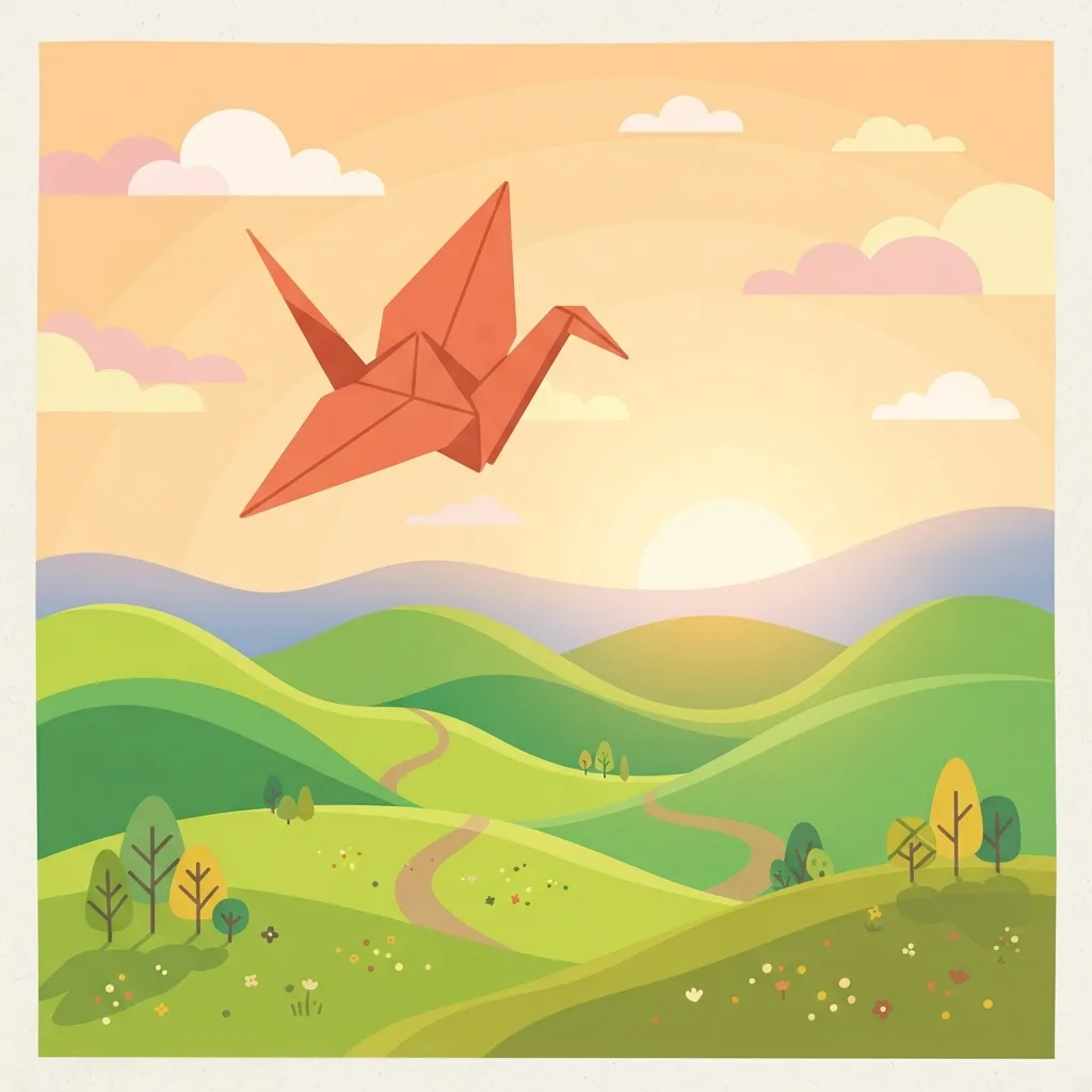 Generated with Nano Banana 2 Lite: a flat illustration of a paper crane over green hills at sunrise