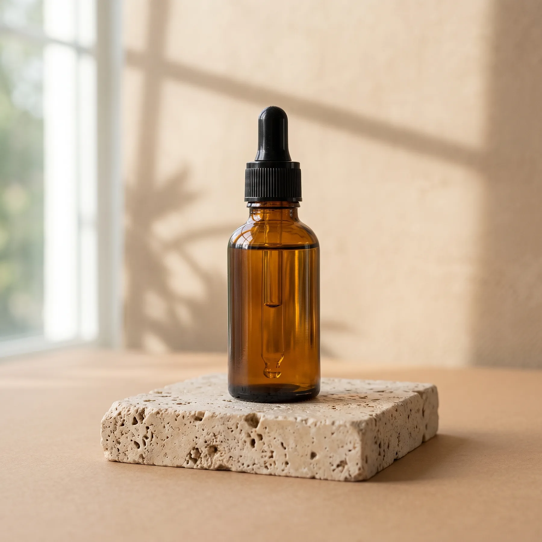 Generated with Nano Banana 2: an unlabelled amber dropper bottle on a travertine block