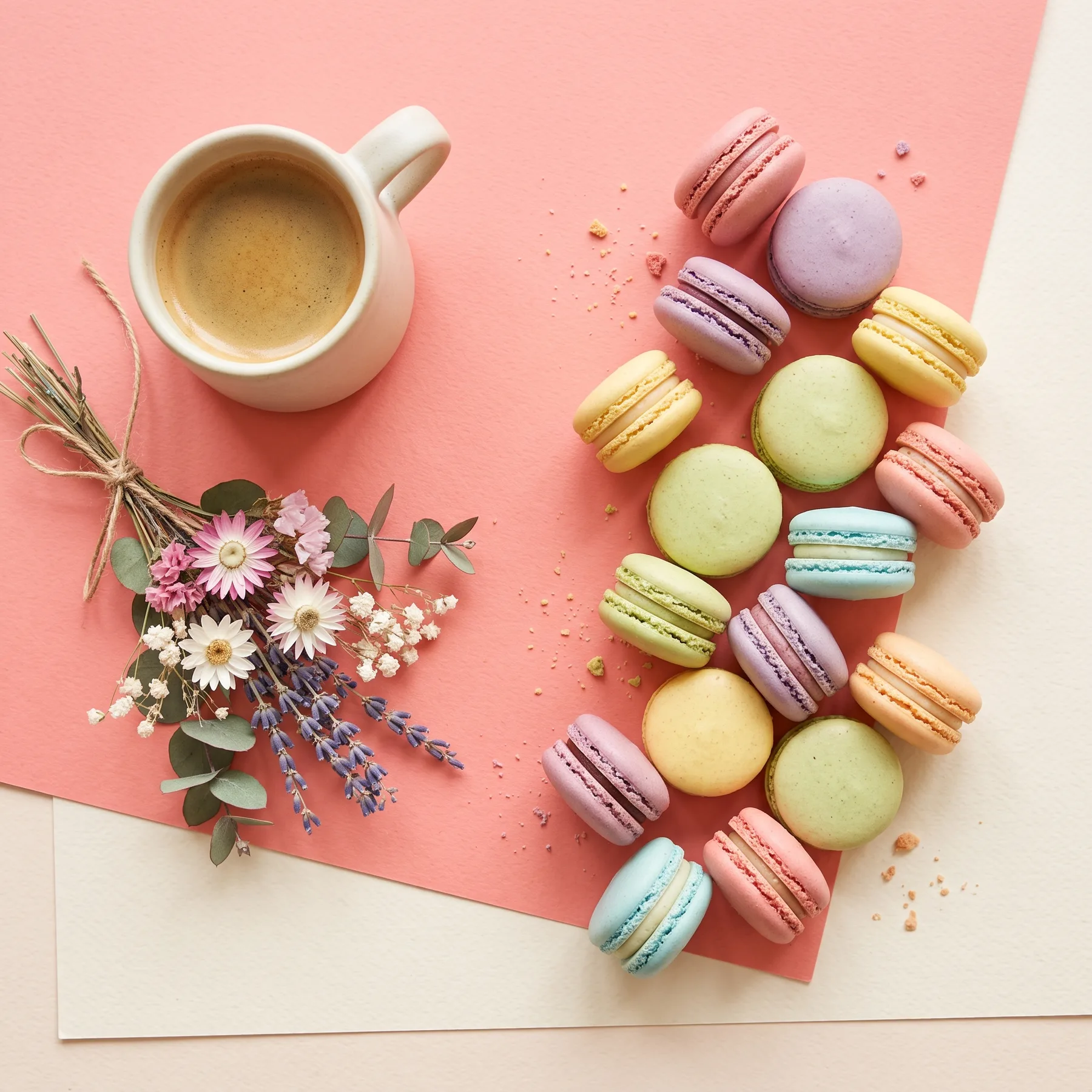 Generated with Nano Banana 2: pastel macarons, an espresso cup and dried flowers on coral paper