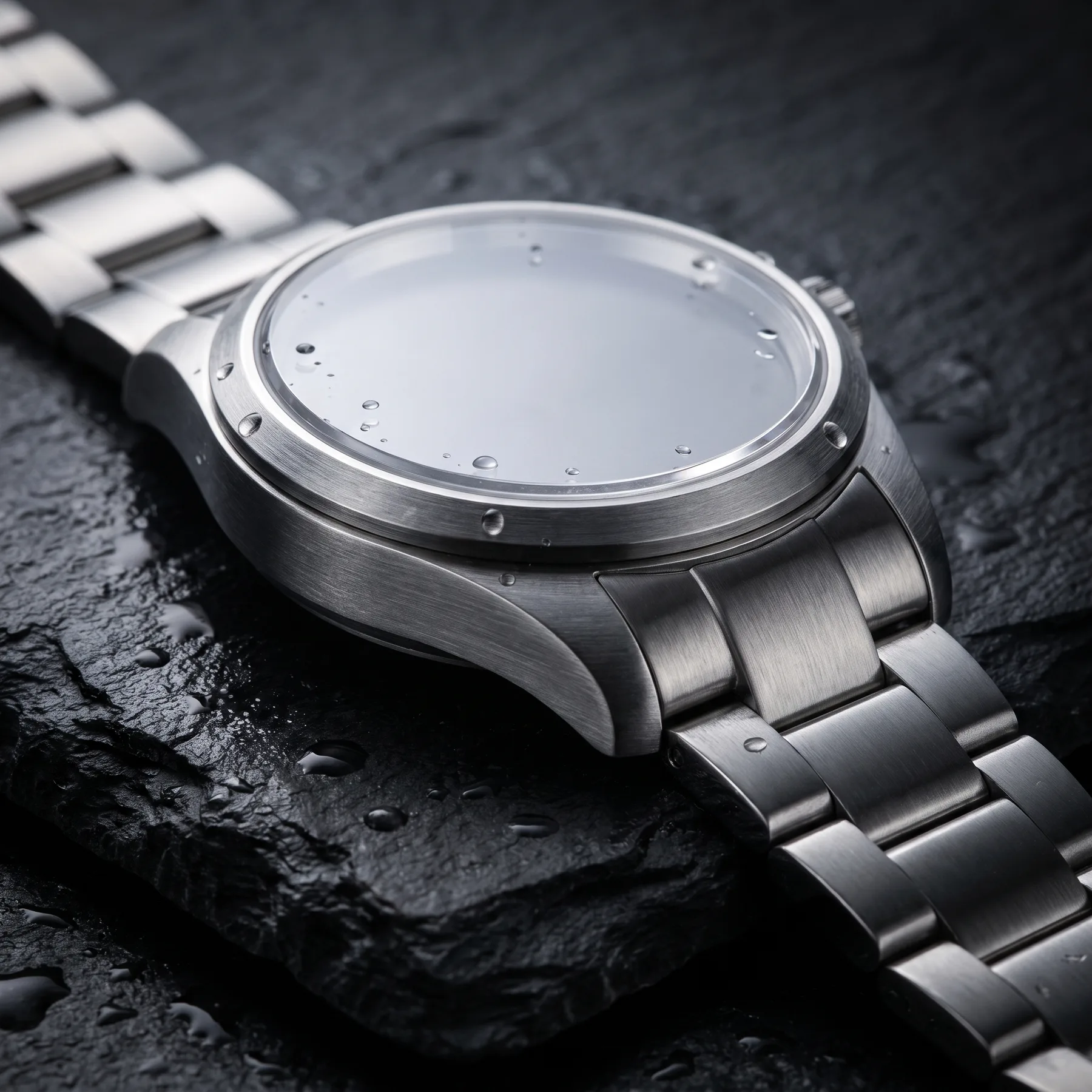 Generated with Nano Banana Pro: a brushed steel watch without markings on wet slate