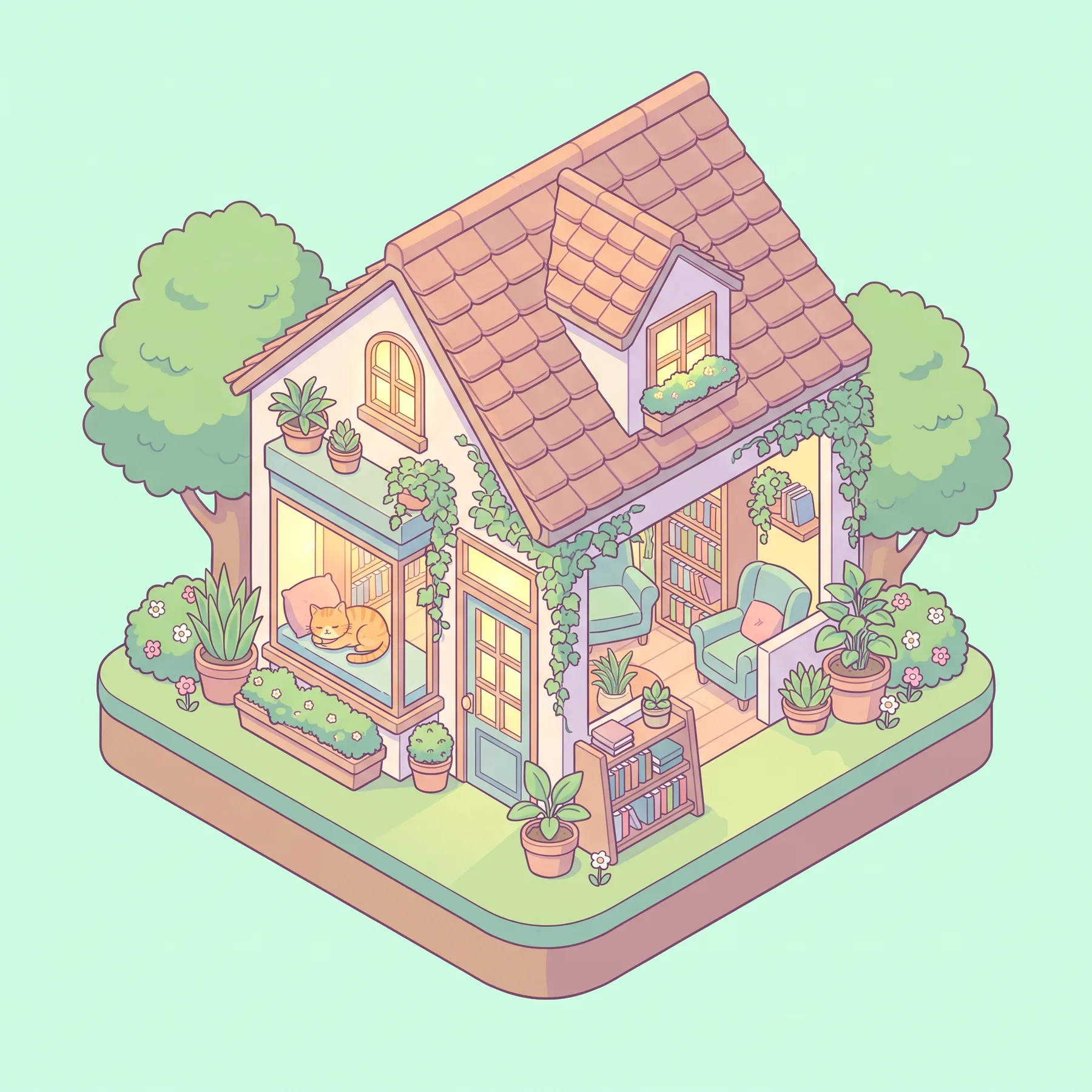 Generated with Nano Banana Pro: an isometric illustration of a cozy bookstore with a cat in the window